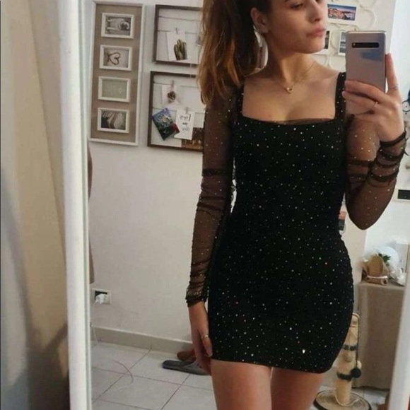 A6 - 311 Double crazy size med black long sleeve sheer & mesh rhinestone dress - Picture 7 of 15